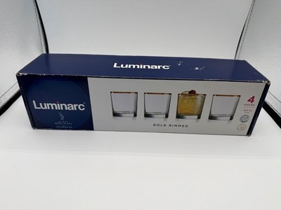 Luminarc Gold Rimmed Whiskey Glasses Set Of 4 10.5 Ounce New Open Box
