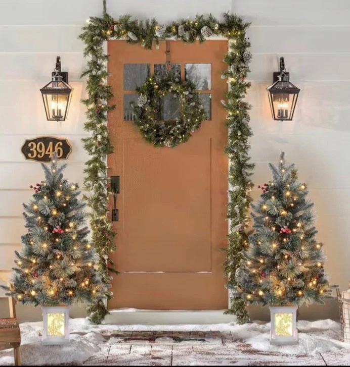 2 Light Up Pre-Potted Christmas Artificia Norway Pine Topiary Outdoor Indo - Image 3 of 4