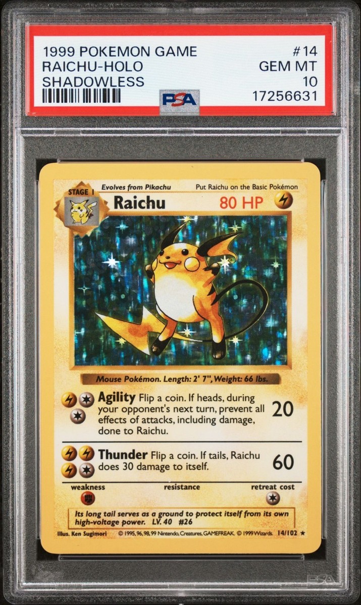 1999 Pokemon Base Set Shadowless Holo Raichu #14 PSA 10 GEM