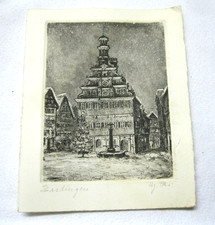 Alte kleine Radierung "Esslingen" mit Bleistift signiert, Blatt 14,3 x 17,8 cm