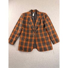 Vintage Sag Harbor Petite Orange Gray Plaid Wool Blend Single Button Blazer Sz 6