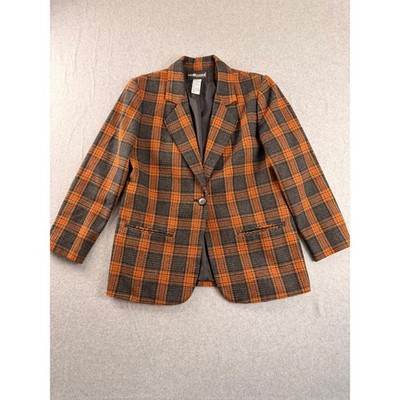 Vintage Sag Harbor Petite Orange Gray Plaid Wool Blend Single Button Blazer Sz 6
