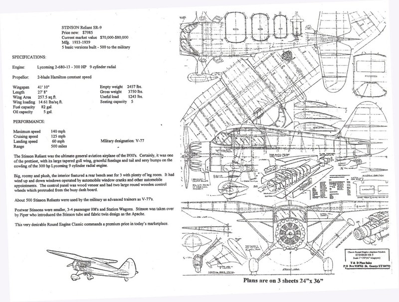1/12 Scale Stinson SR9 Reliant (41")  RC Plans,Templates and Instructions