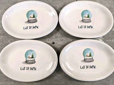 Rae Dunn Artisan LET IT SNOW Globe Winter Christmas 8'' Dessert Plates SET of 4