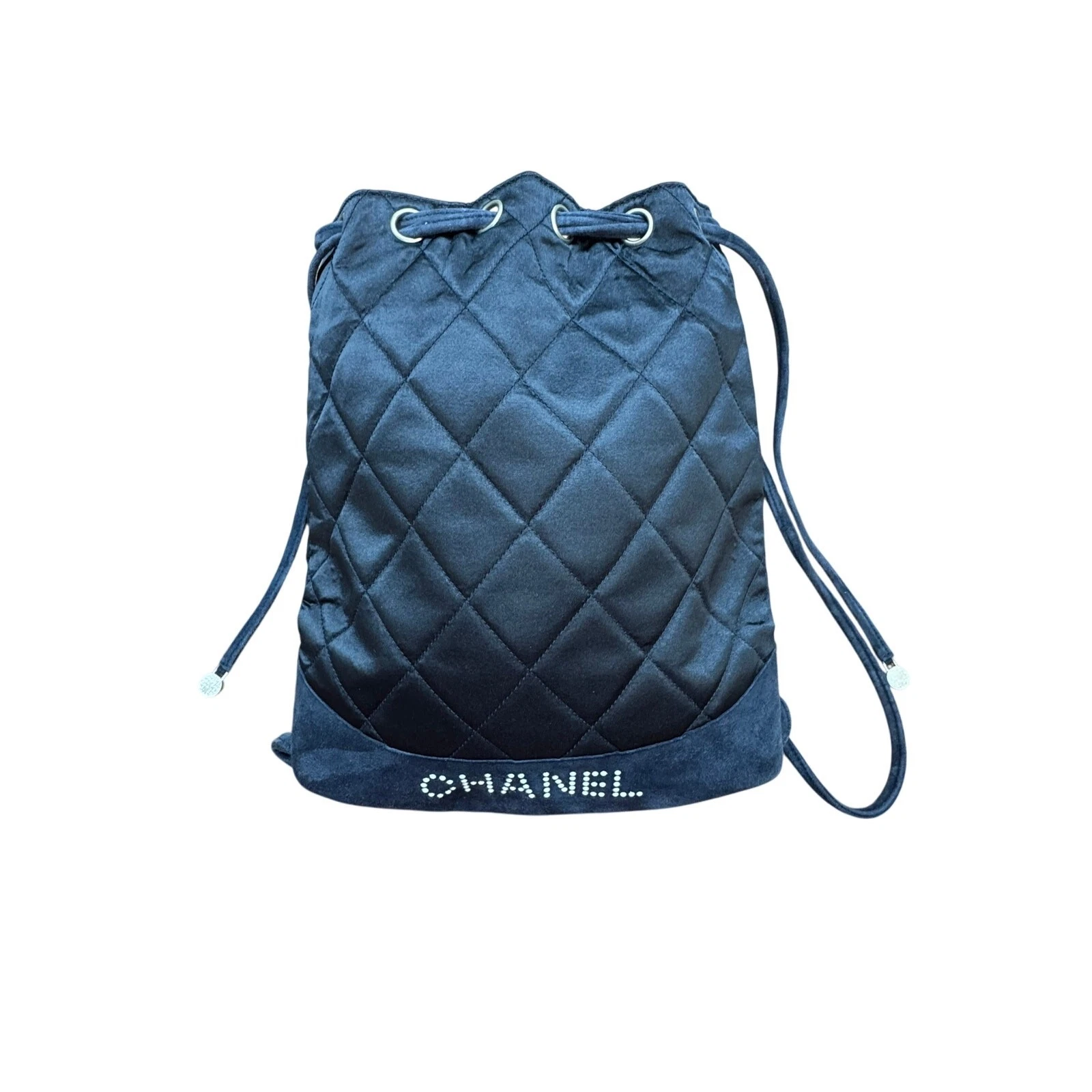 Zaino Chanel in raso trapuntato con coulisse e accenti di camoscio e perle colore navy