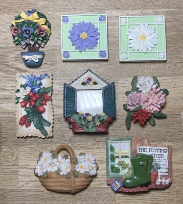 8x Kühlschrankmagnete Blumenmotiv teils handbemalt einer ist Bilderrahmen