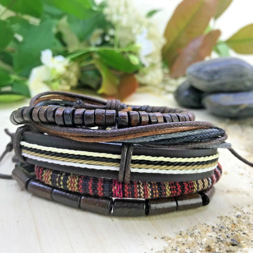 Ensemble 4 Bracelets Naturel Homme Femme Cuir - Perles et Bois - Corde - Photo 1/3