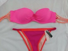 VICTORIA SECRET Swim Swimsuit Set 32C Push Up Bandeau Pink Rope Strapless S