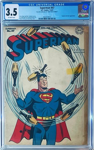 ⭐️Superman #47,1947 DC,CGC 3.5 VG Pedigree Classic Juggler Cvr ⭐️White Pages