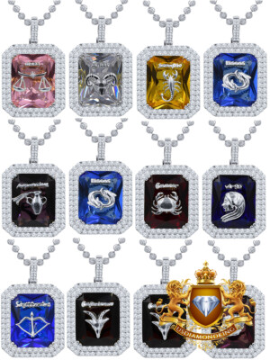 Lucky Birth Stone Zodiac Sign 14K White Gold Tone Good Luck Charm Pendent +Chain