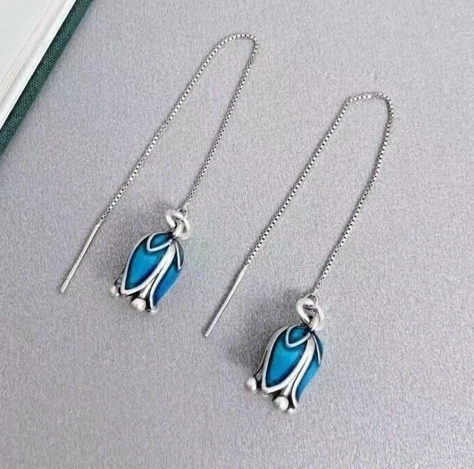 925 Silver Plated Enamel blue flower Earrings Tassel Dangle Drop Vintage Jewelry - Image 3 of 4