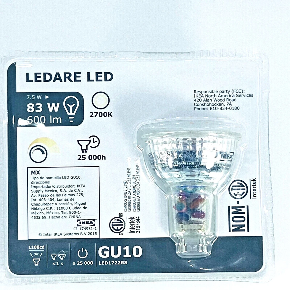 Lot Of 2 Ikea LEDARE GU10 LED Bulb 83 W 600 Lumen 2700 K Dimmable 103.632.36 NIP