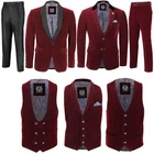 Mens Maroon Velvet Vintage 3 Piece Suit Tuxedo Blazer Coat Waistcoat Trouser