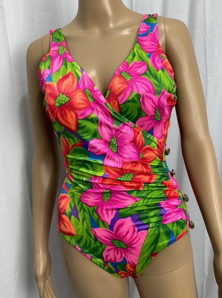 Винтажный редкий купальный костюм ILGWU Esther Williams цельный купальник размер 8 неоновый цветочный - Изображение 3 из 4