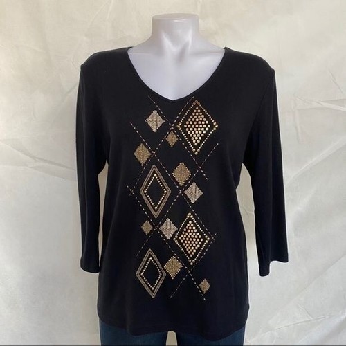 Karen Scott schwarz Diamant Gold Strass Top 3/4 Ärmel Top