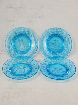 Set of 4 Vintage Tiara Exclusive Indiana Glass Blue Nursery Rhymes 6 1/2'' Plates