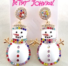 2 3/8" NEW BETSEY JOHNSON RHINESTONE SNOWMAN CHRISTMAS DROP DANGLE EARRINGS