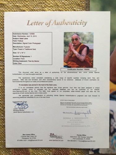 Autographe signé Dalaï Lama 12x18 photographie Tibet Sa Sainteté JSA lettre complète - Photo 4/4