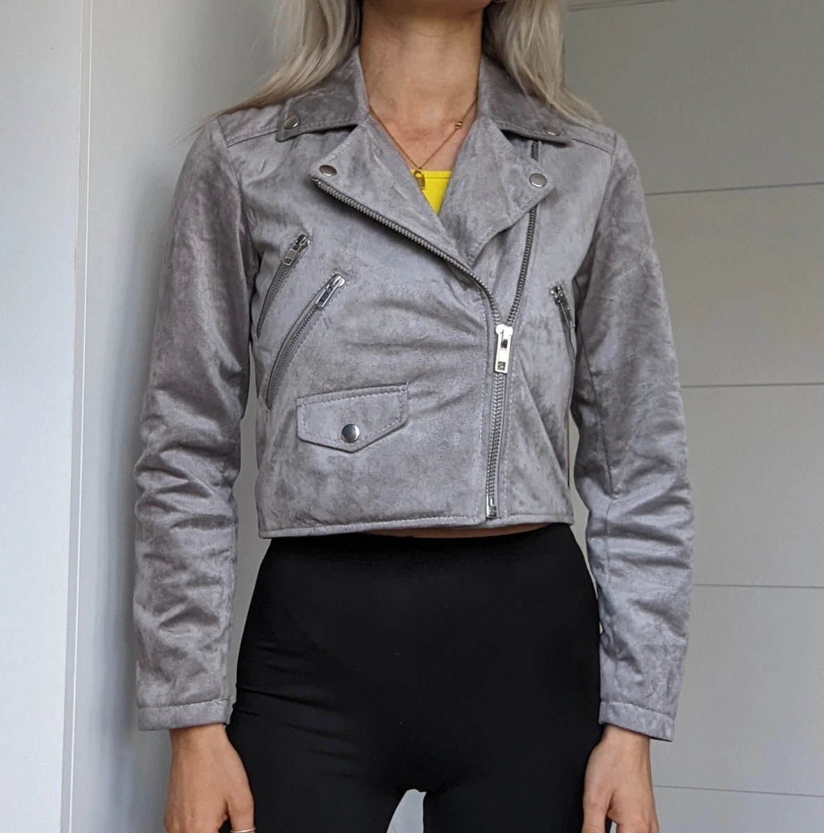 ASOS Womens Petite Faux Suede Grey Biker Zip Cropped Jacket Coat Size XXS 4 6