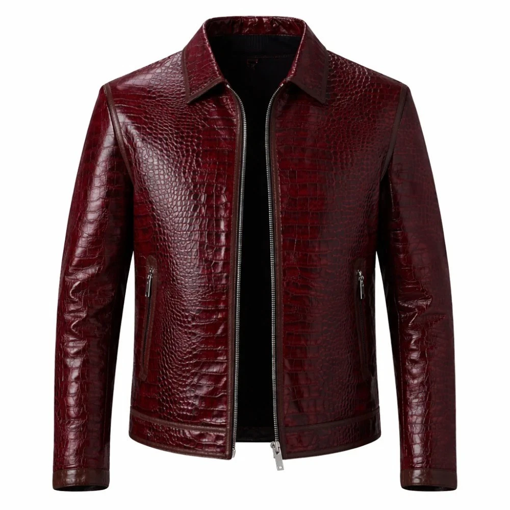 Men's Burgundy Crocodile Embossed Leather Biker Jacket, Luxury Fashion Coat