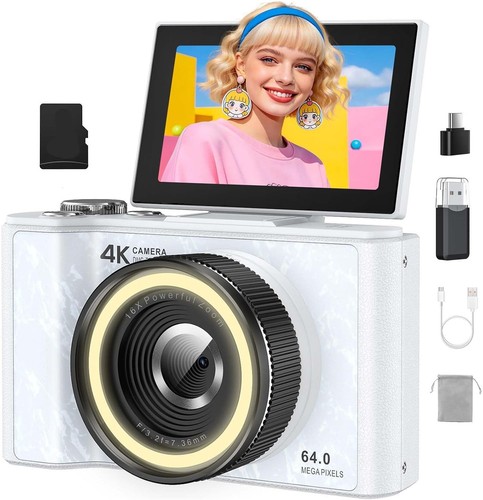 4K Digital Camera for Kids Teens Vlogging YouTube 64MP Flip Screen White NEW