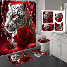 4PCS Red Rose and Leopard Shower Curtain Bathroom Set with Non-Slip Rugs, Toilet