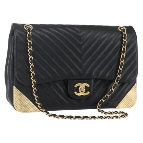 Chanel Wild Stitch Chain Flap Shoulder Bag Leather Black Leather