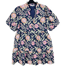 THML Floral Print M Puff Sleeves Tiered V-Neck Lined Short Dress Colorful