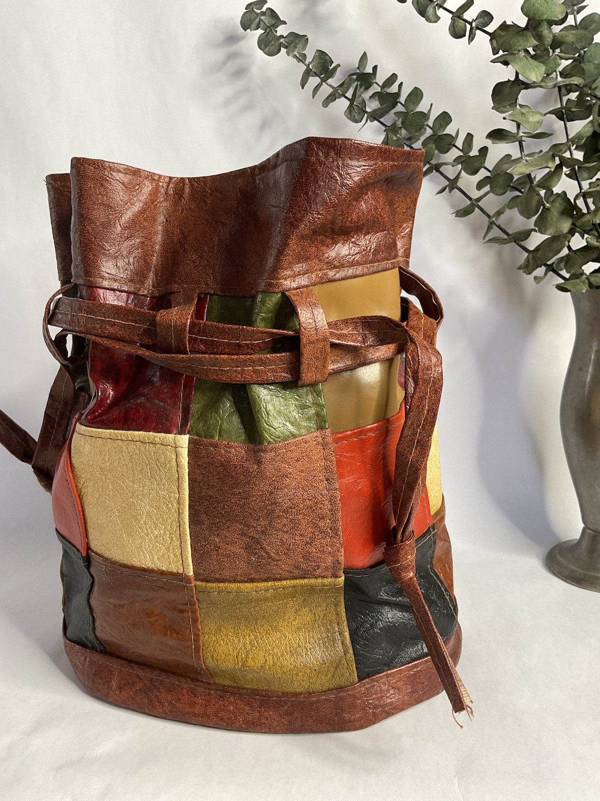 1960s 1970s Patchwork Drawstring Bucket Bag, Vint… - image 4