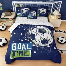 6 Piece Soccer Comforter Set Full, Blue Soccer Theme Comforter, Soft Microfib...