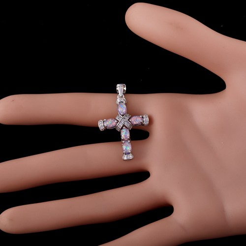 Collar colgante de joyería de plata cz ópalo fuego púrpura cruz latina lavanda - Imagen 6 de 6