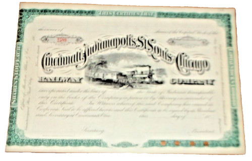 1880 CINCINNATI INDIANAPOLIS ST. LOUIS & CHICAGO RAILWAY NYC STOCK CERTIFICATE