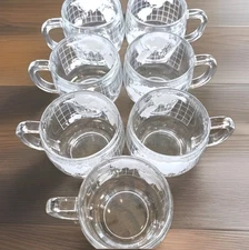 7 Stunning Nestle Nescafe World Globe Etched Glass 8oz. Coffee Mugs Cups 1970s