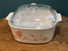 Pre Owned VTG Corning Ware Pyrex PEACH FLORAL Casserole Dish A-5-B USA P-12-C