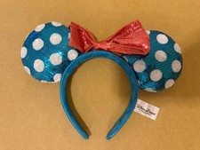 Disney Parks Minnie Mouse Blue  White Polka Dot Sequin Ears Headband   Red Bow