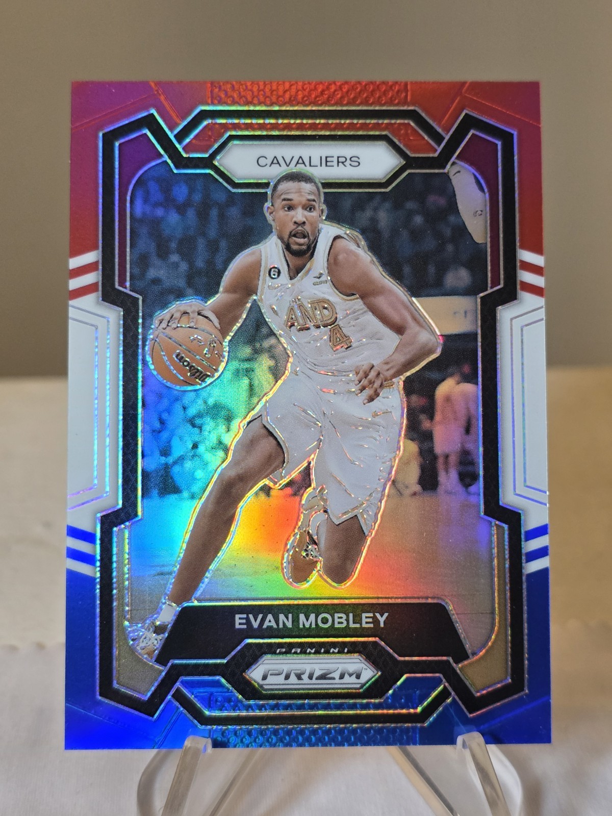 2023 24 Panini Prizm Evan Mobley Red White & Blue Prizm Parallel Card #55