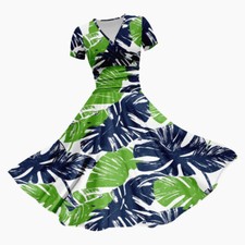 Womens Plants Leaf Print V Neck Midi Dress Short Sleeve Summer Beach Sundress