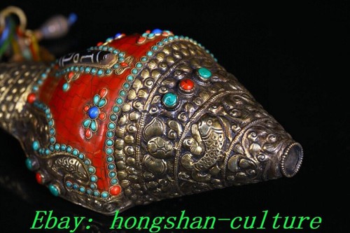 12.5'' Old Tibet Miao Silver Inlay Conch Fish Goldfish Fishs Trumpet Statue - 第 8/9 張圖片