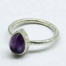 Dainty Real Amethyst Silver Mini Ring Handmade Matt Polished Jewelry 925 Women