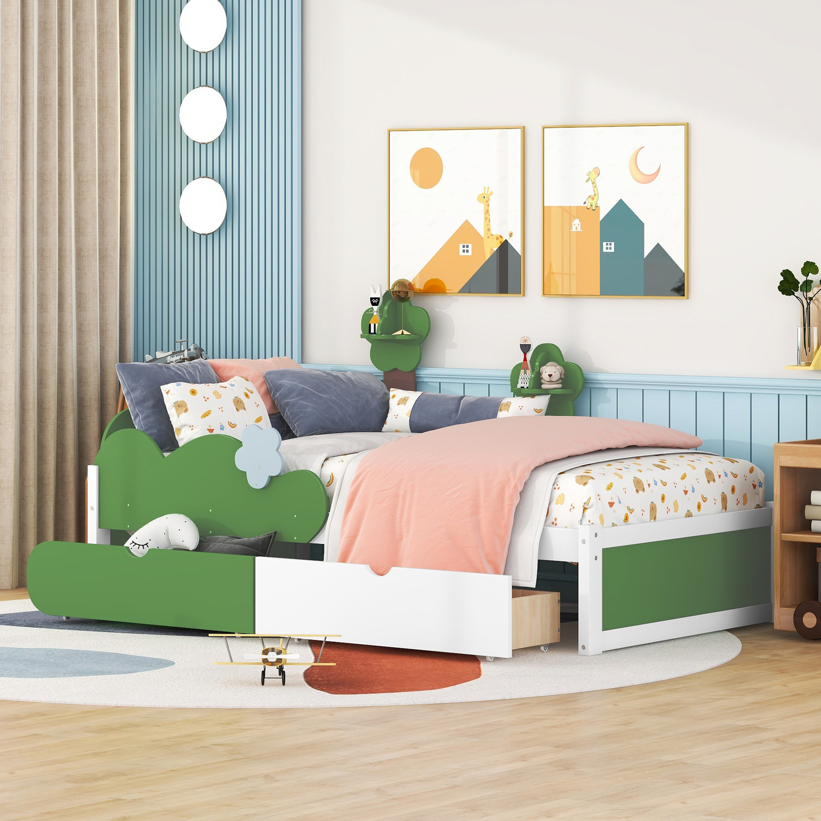 Twin Bed Frame with Upholstered Headboard and Storage for Plywood Mattress Foundation  -image