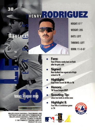 1997 Pinnacle Inside #38 Henry Rodriguez - Picture 2 of 2