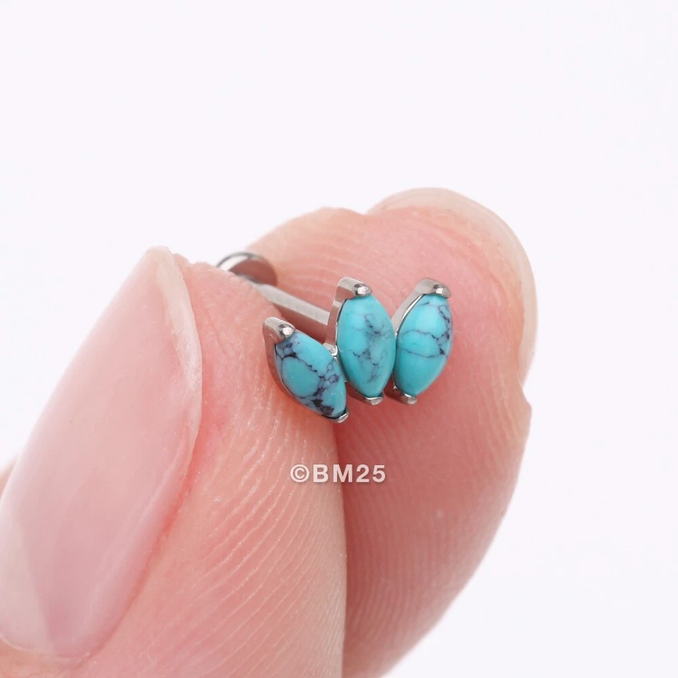 Implant Grade Titanium Triple Marquise Turquoise Internally Threaded Labret - Image 2 of 4