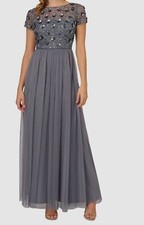Adrianna Papell Women Gray Beaded Chiffon Gown Dress Size 4