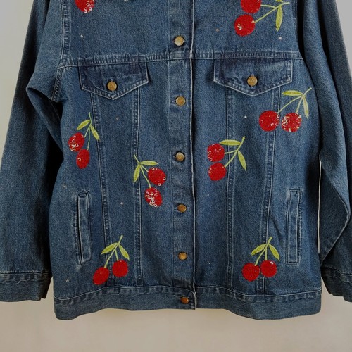 Quacker Factory Cherry Denim Jacket MEDIUM Bust 44" Cotton Sequins Bling Whimsy - Picture 3 of 10