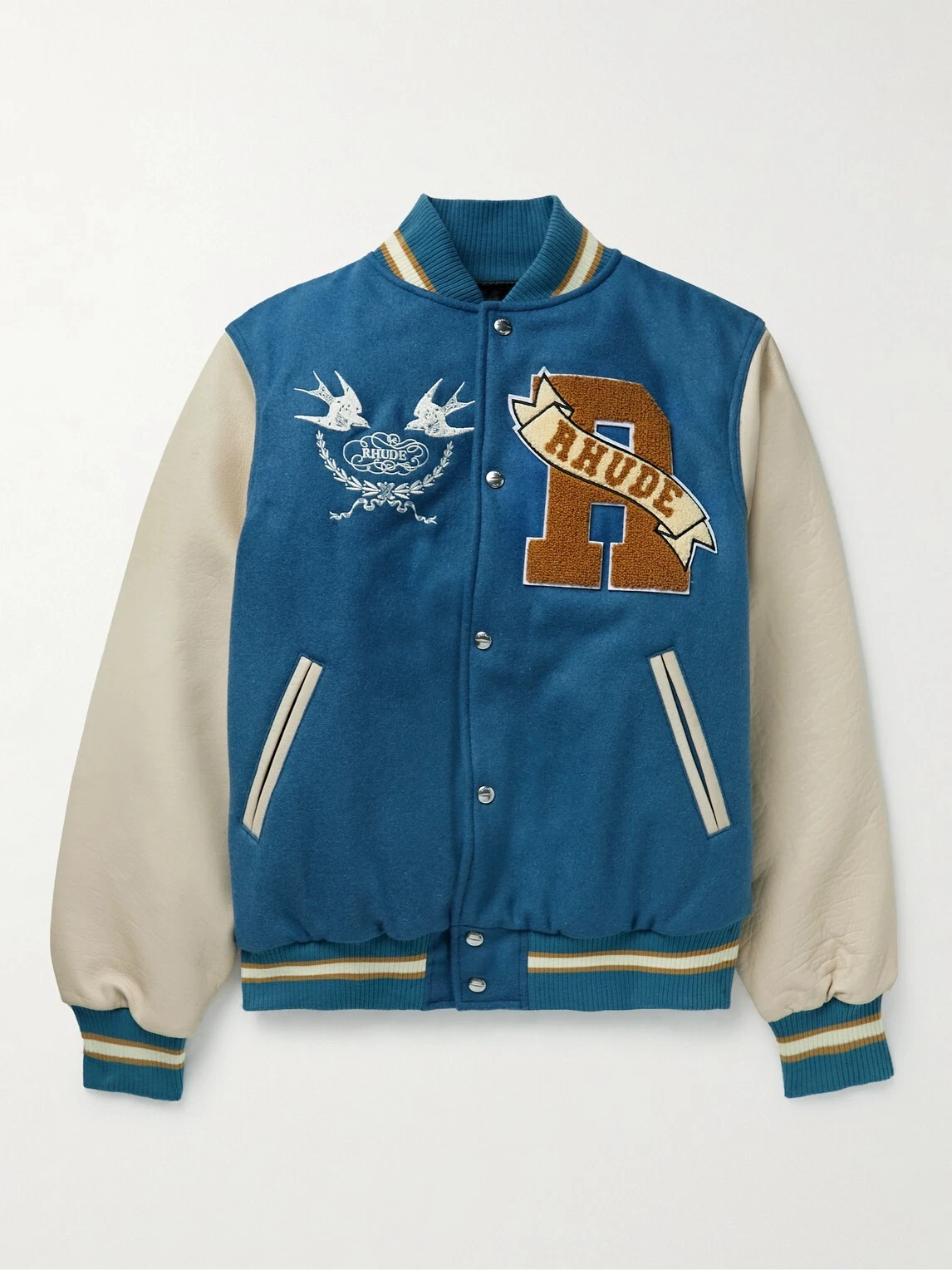 Giacca RHUDE Abbellita in Pelle Rivestita in Lana Miscela Feltro Varsity Blu S