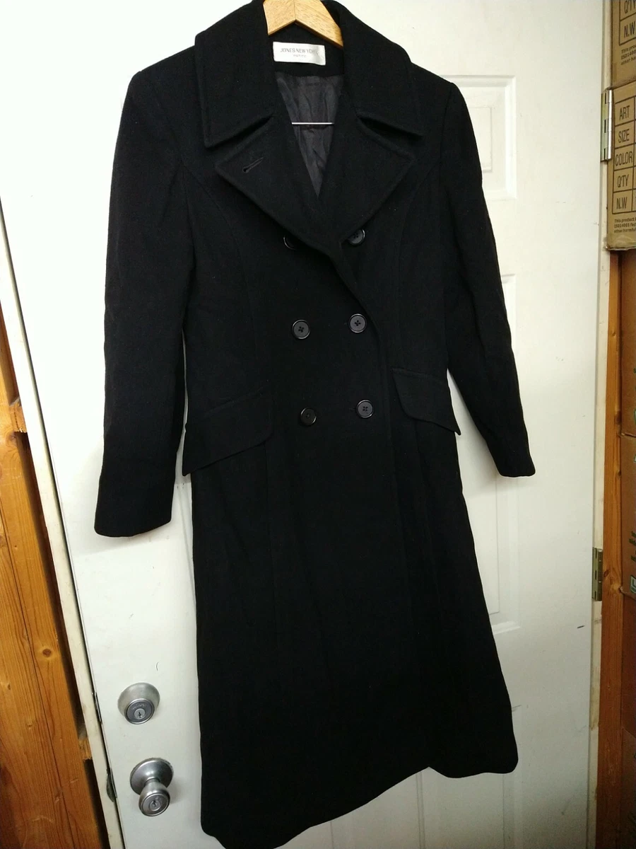 Vintage Jones New York Petite Black Long 100% Wool Over Coat Double  Breasted | eBay