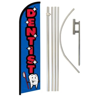 Dentist Blue Red Advertising Windless Banner Flag & Flag Pole Kit & Ground Spike