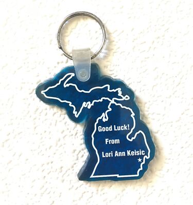 Vintage Keychain MICHIGAN SHAPED FOB Key Ring UP Good Luck Lori Ann Keisic