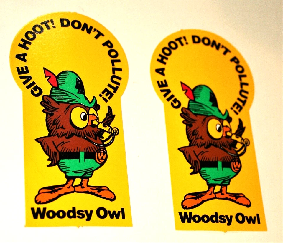 Juego de 2 Woodsy The Owl Give A Hoot Don't Contalute! Pegatinas años 90 nuevas NOS Foto 2 de 3