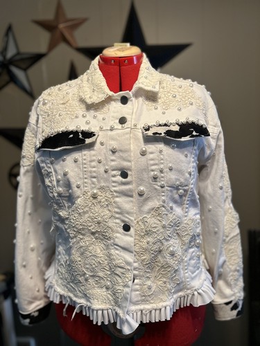 Upcycled Artsy White Denim Jean Jacket HOBO BETTY Pearls Crystals Lace Xl Fringe - Picture 2 of 5